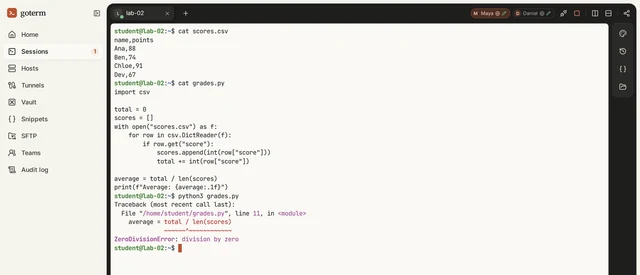 A student’s terminal in the browser, in a light theme, showing a CSV file, a Python script and the error it stopped with