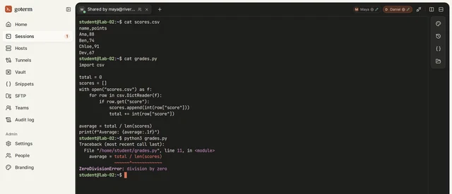 The instructor’s view of a student’s session: the CSV file has a points column, the script reads score, and Python stops with ZeroDivisionError