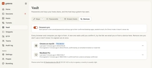 The Vault’s Devices tab: Personal sync switched on, and two devices, a browser and a MacBook, with where and when each signed in.