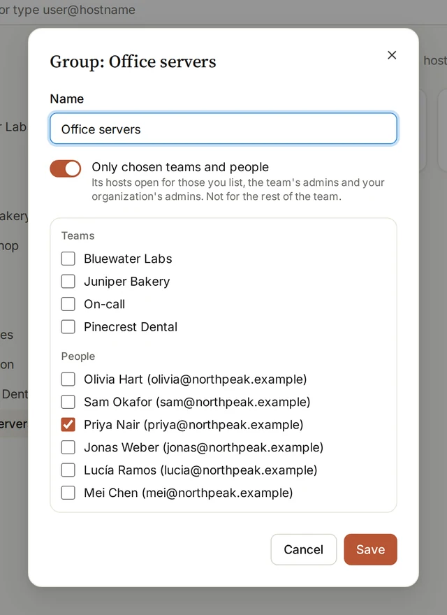 The Office servers group’s dialog: Only chosen teams and people switched on, with one person ticked.