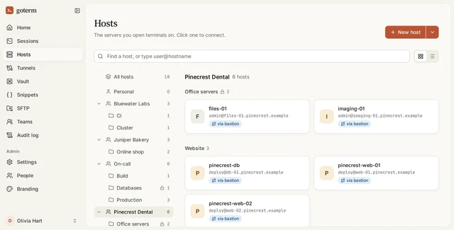 Die Hosts des Teams Pinecrest Dental: Büroserver, auf bestimmte Personen beschränkt, und die Hosts der Website, alle über einen Bastion-Host erreicht