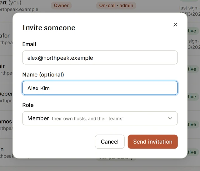 The Invite someone dialog: an email, a name, and the Member role.