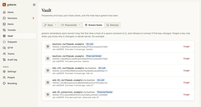 The Vault’s Known hosts tab: each server’s address, its space, the key’s SHA256 fingerprint, and a Forget button.