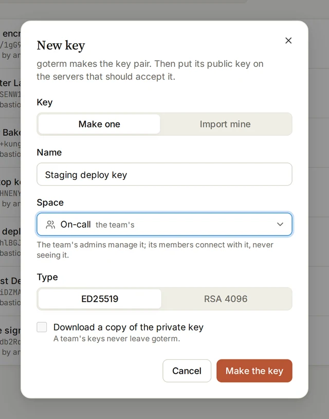 The New key dialog: Make one, the name Staging deploy key, the On-call team’s space, and the ED25519 type.