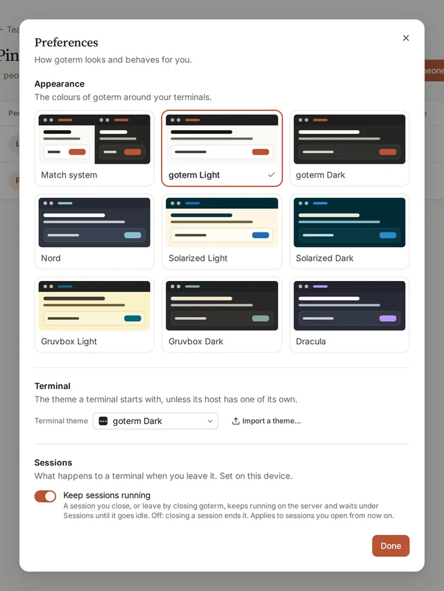 GoTerm’s Preferences: themes for the app, the default terminal theme, and Keep sessions running switched on.