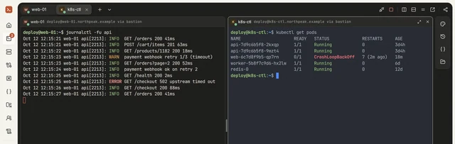 Zwei Terminals nebeneinander in GoTerm: das Log der API auf web-01 und kubectl get pods auf k8s-ctl, ein Pod in CrashLoopBackOff