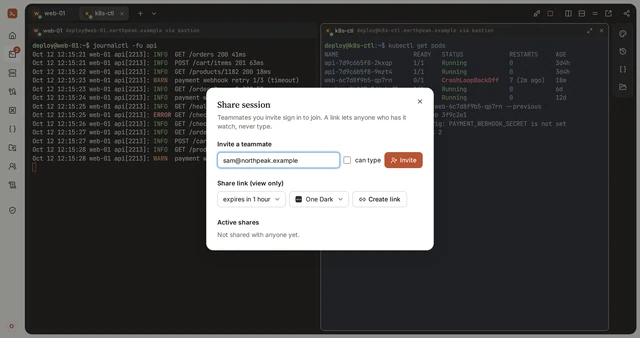 GoTerm’s Share session dialog: invite a teammate by email, with or without typing, or create a view-only link that expires
