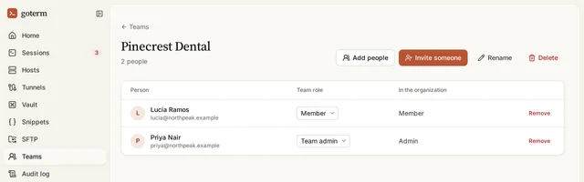 A team’s page, Pinecrest Dental: its two people, one a member and one a team admin.